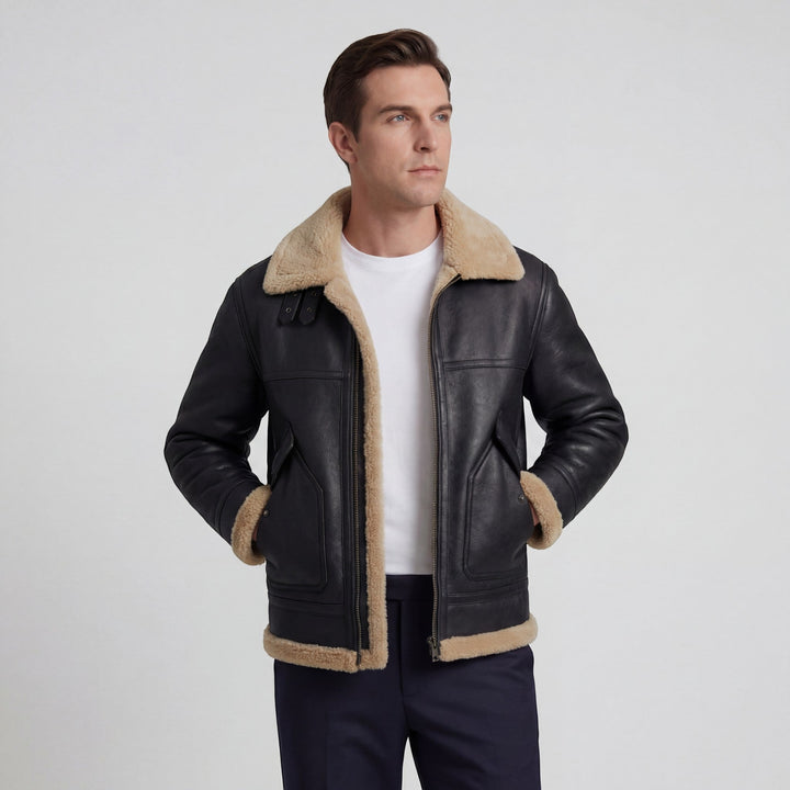 Men's aviator jacket with contrasting shearling-style trim and zip front