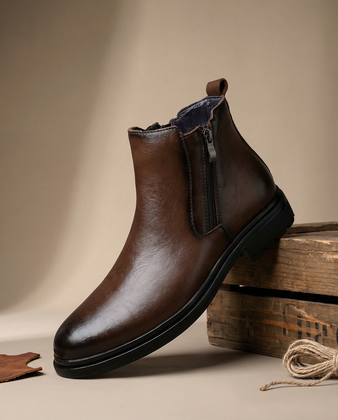 Ankle boots with side zippers, rounded toes, low heels and rear pull tabs