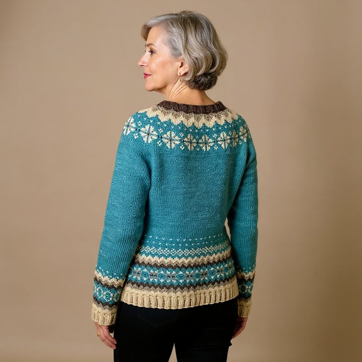 Women's blue Fair Isle cardigan with button front and long sleeves