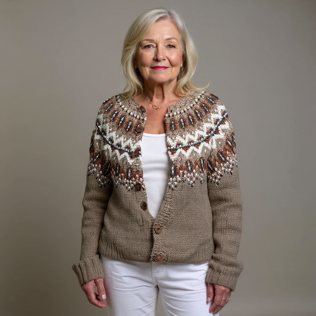 Women's brown Nordic pattern button-front cardigan
