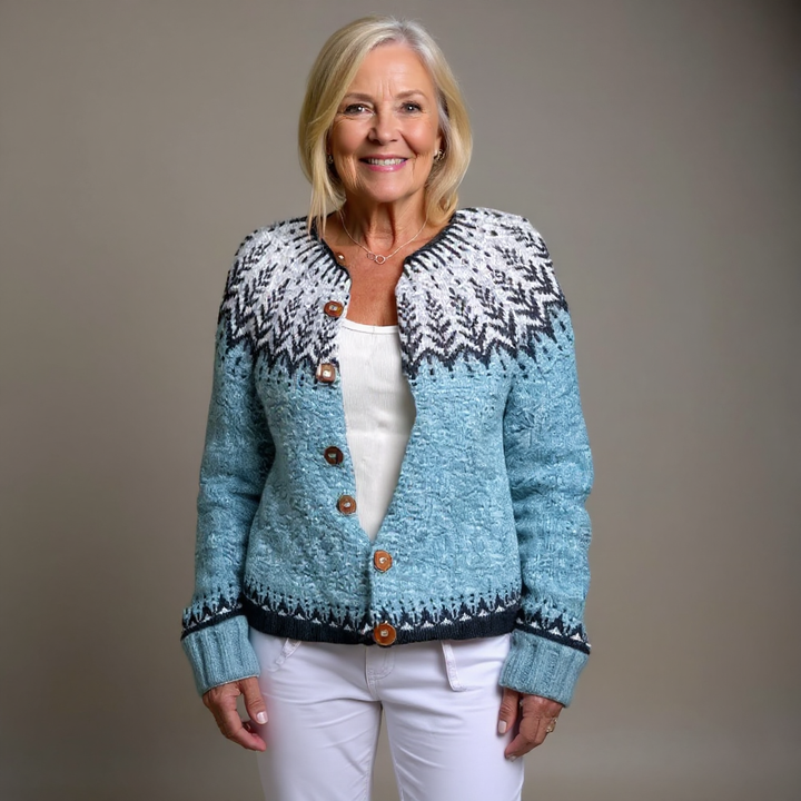 Women's blue cardigan with Nordic geometric pattern, brown buttons and long sleeves