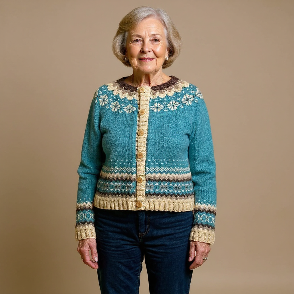 Women's blue Fair Isle cardigan with button front and long sleeves