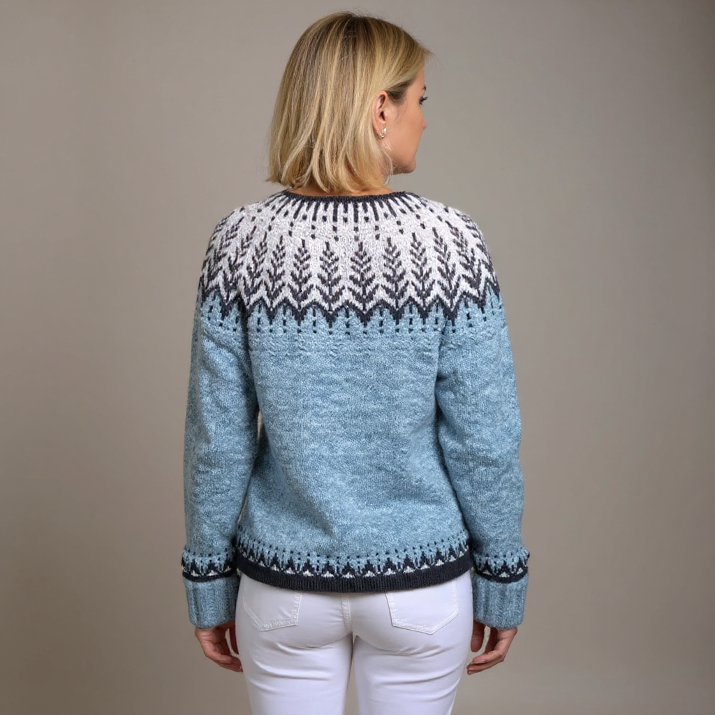 Women's blue cardigan with Nordic geometric pattern, brown buttons and long sleeves