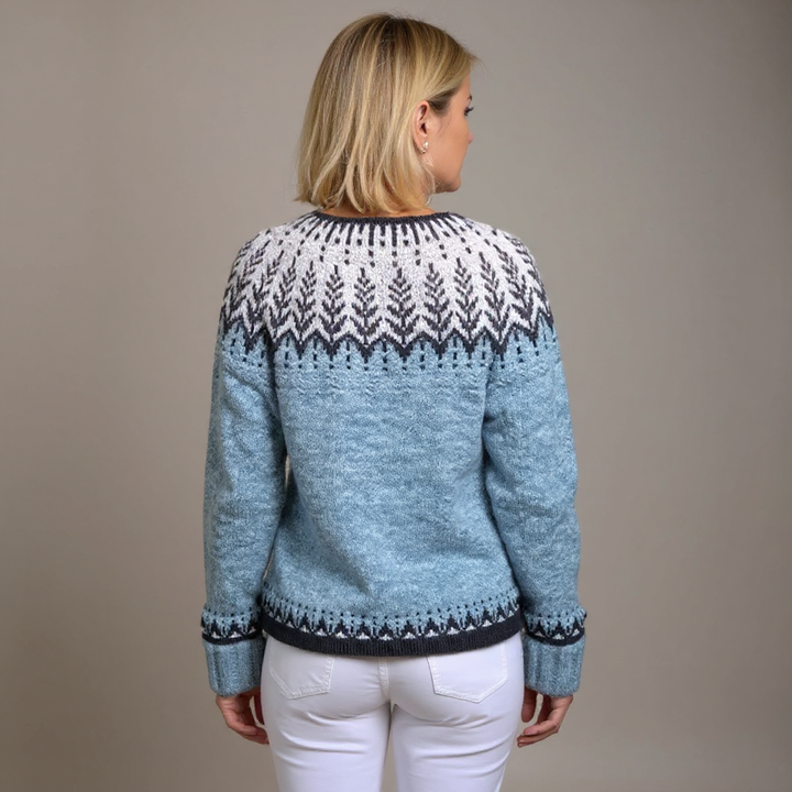 Women's blue cardigan with Nordic geometric pattern, brown buttons and long sleeves