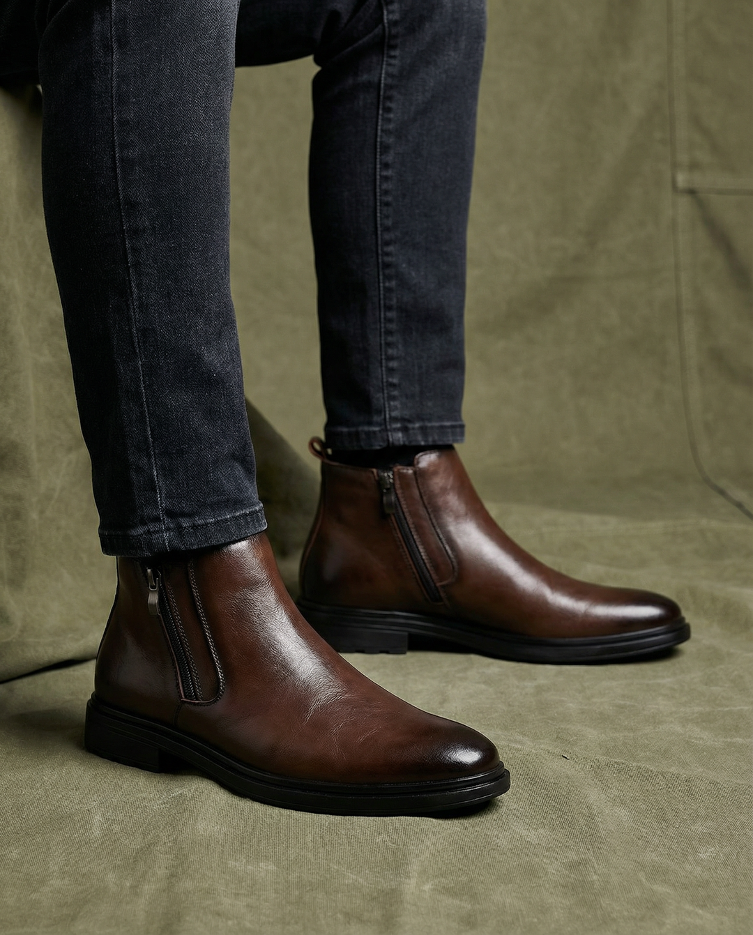 Ankle boots with side zippers, rounded toes, low heels and rear pull tabs