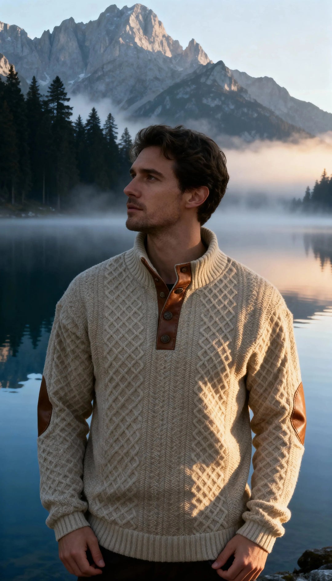 Men's textured knit sweater with mock neck, button placket and elbow patches
