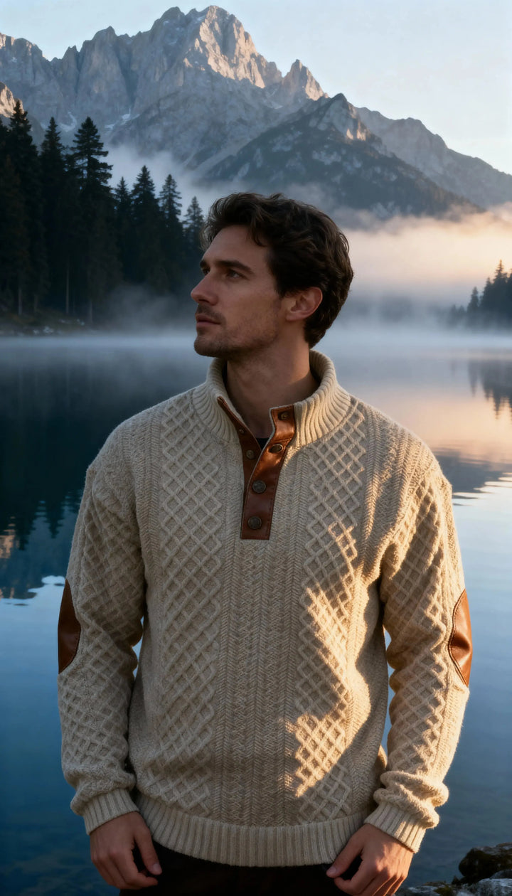 Men's textured knit sweater with mock neck, button placket and elbow patches