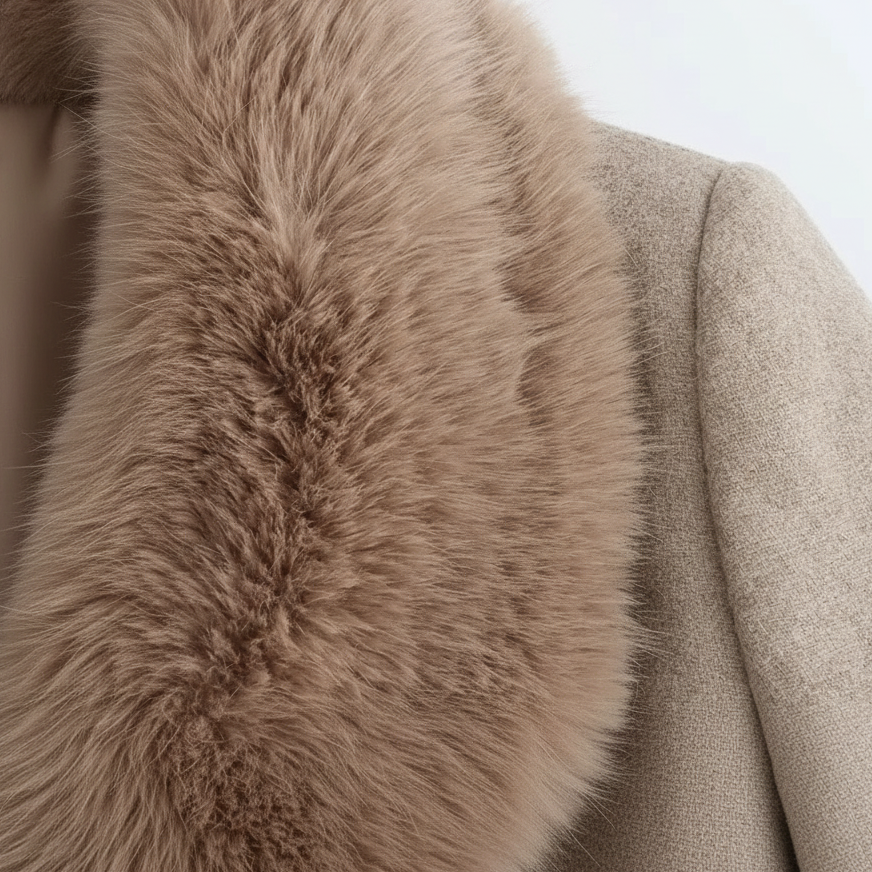 Women's long wrap coat with fur-textured shawl collar and belted waist
