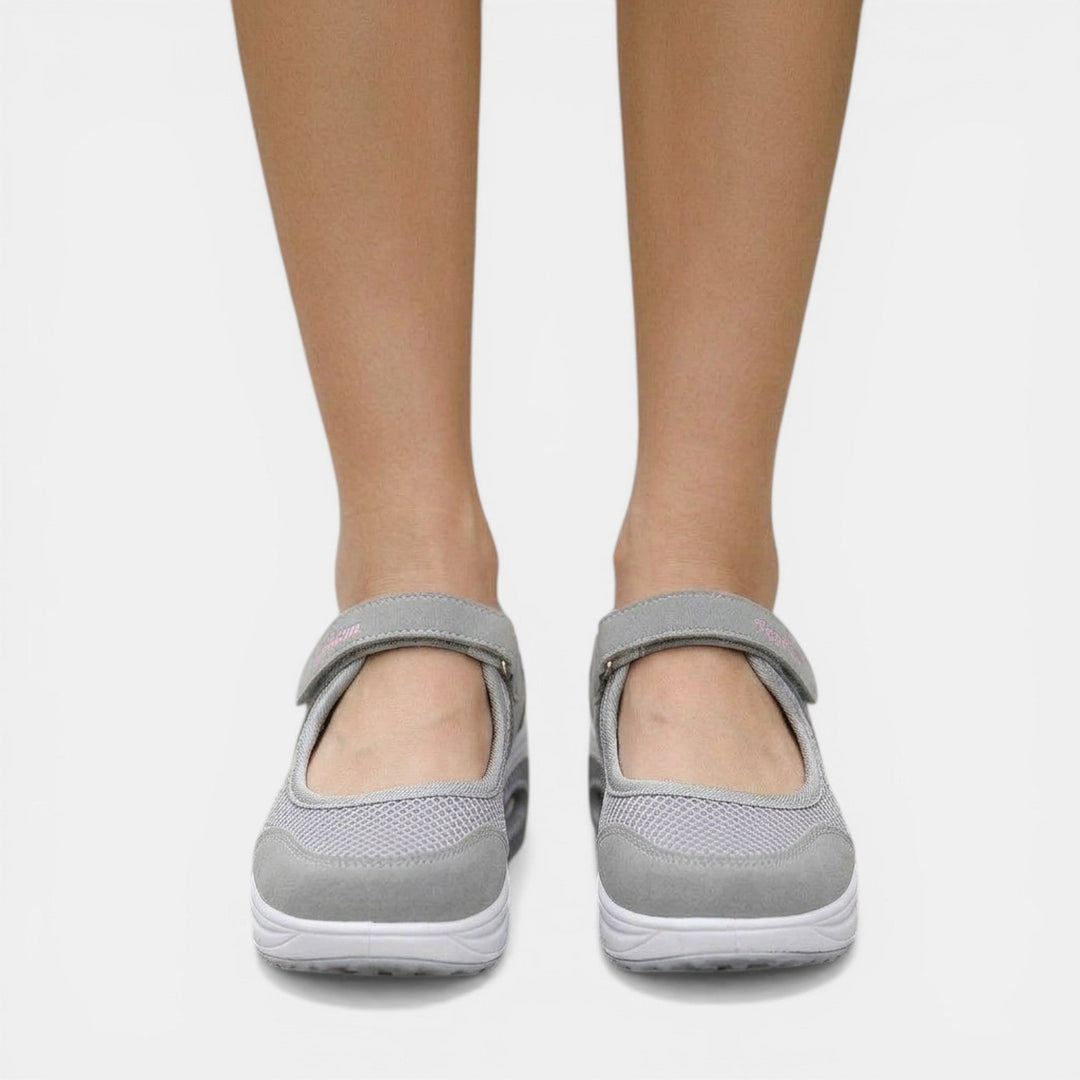 Women's grey and red orthopedic Mary Jane sneakers with mesh upper and adjustable strap