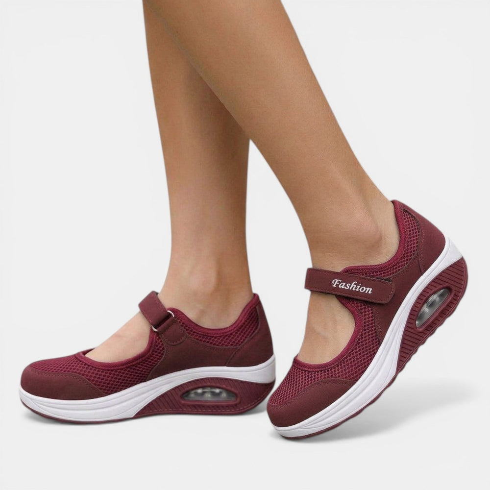 Women's grey and red orthopedic Mary Jane sneakers with mesh upper and adjustable strap