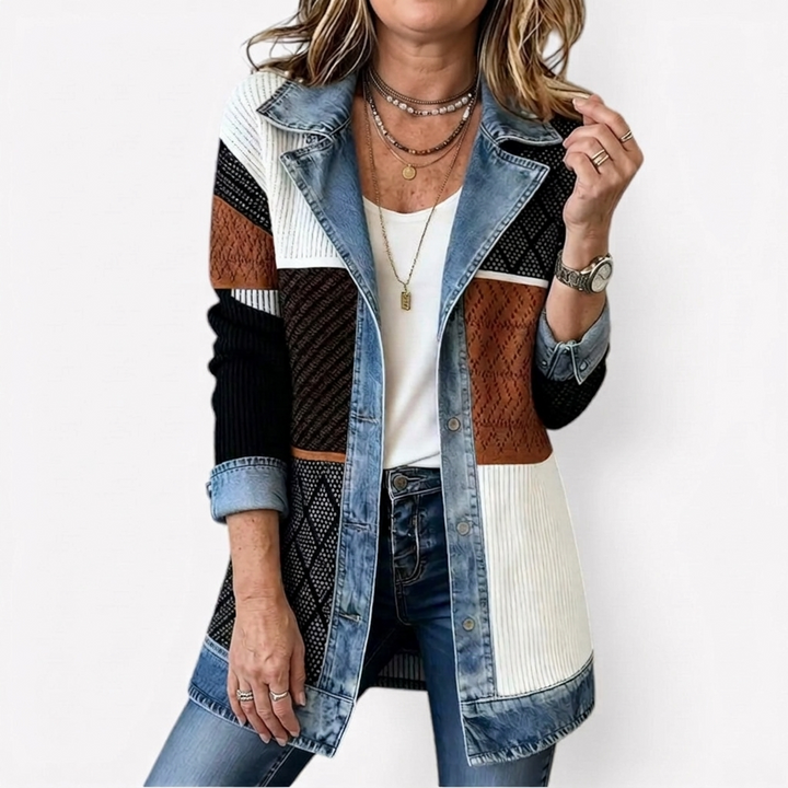 Women's longline jacket with contrasting ribbed panels and denim-look trim