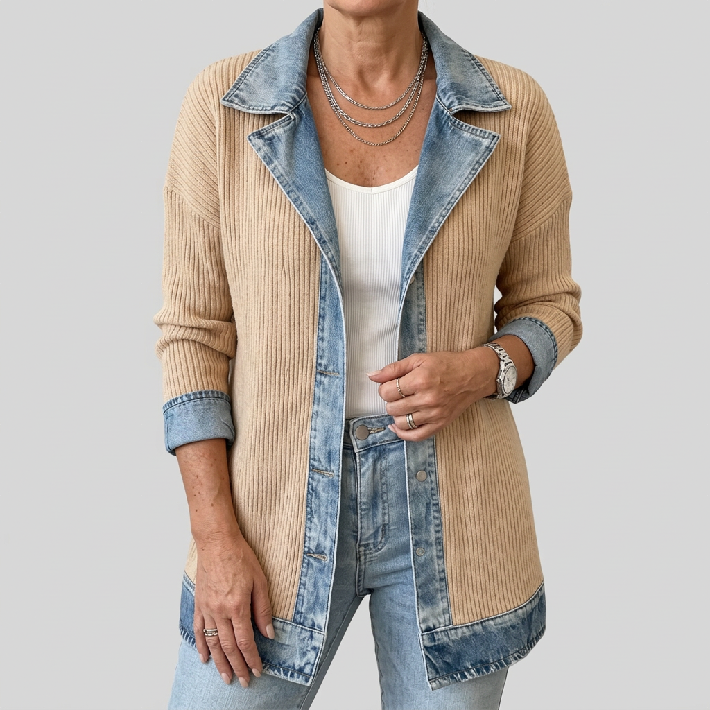 Women's longline jacket with contrasting ribbed panels and denim-look trim
