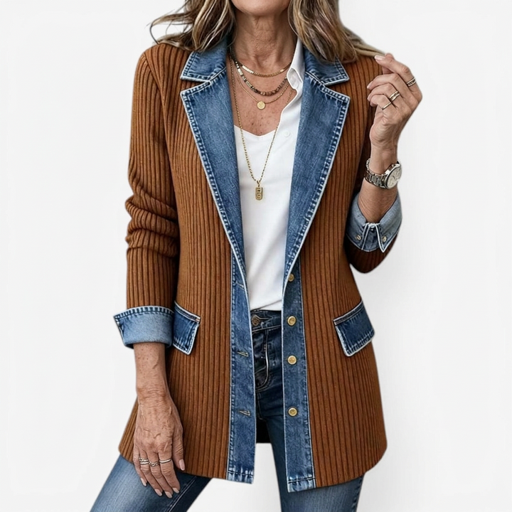 Women's longline jacket with contrasting ribbed panels and denim-look trim