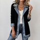 Women's longline jacket with contrasting ribbed panels and denim-look trim