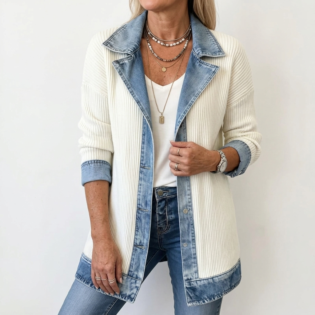 Women's longline jacket with contrasting ribbed panels and denim-look trim