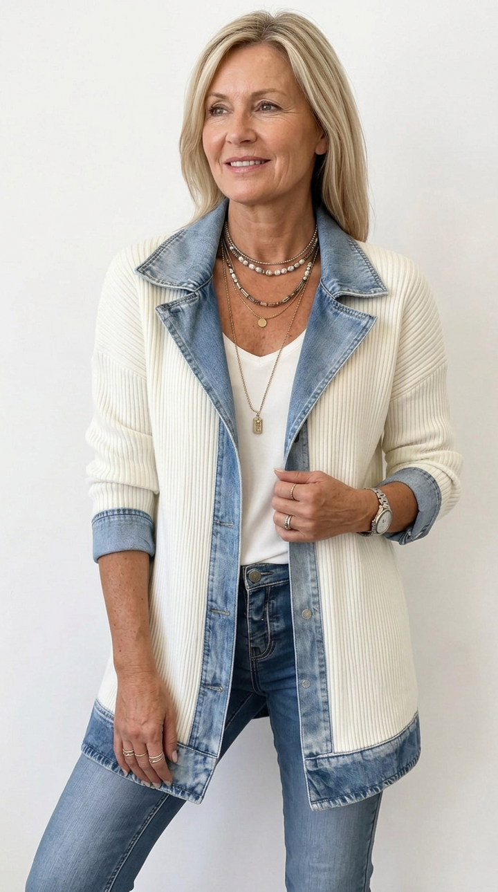 Women's longline jacket with contrasting ribbed panels and denim-look trim