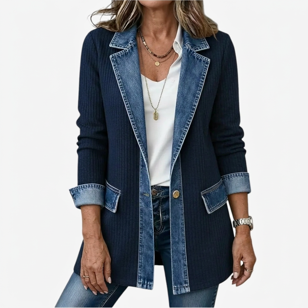 Women's longline jacket with contrasting ribbed panels and denim-look trim