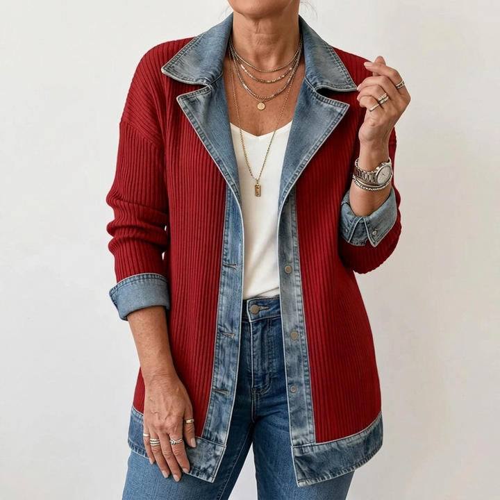 Women's longline jacket with contrasting ribbed panels and denim-look trim