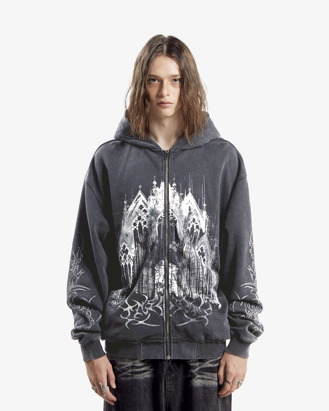Unisex black graphic zip-up hoodie with cathedral print