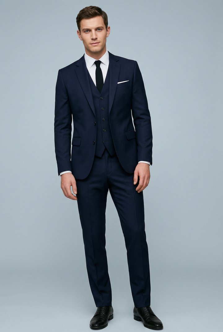 Men's three-piece slim fit suit with tailored jacket and buttoned waistcoat