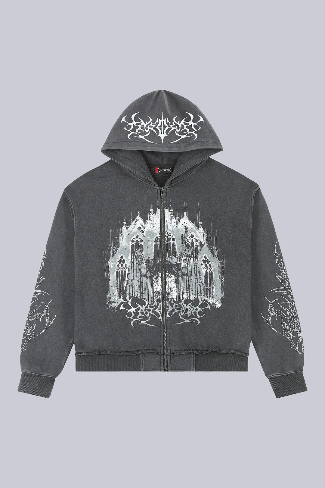 Unisex black graphic zip-up hoodie with cathedral print