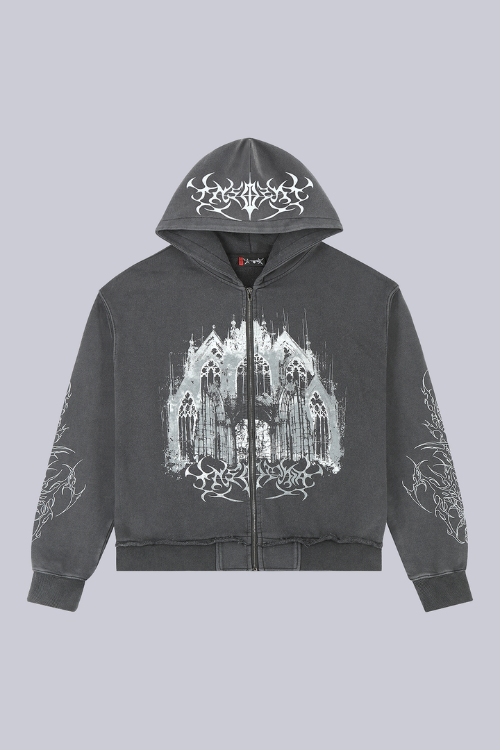Unisex black graphic zip-up hoodie with cathedral print