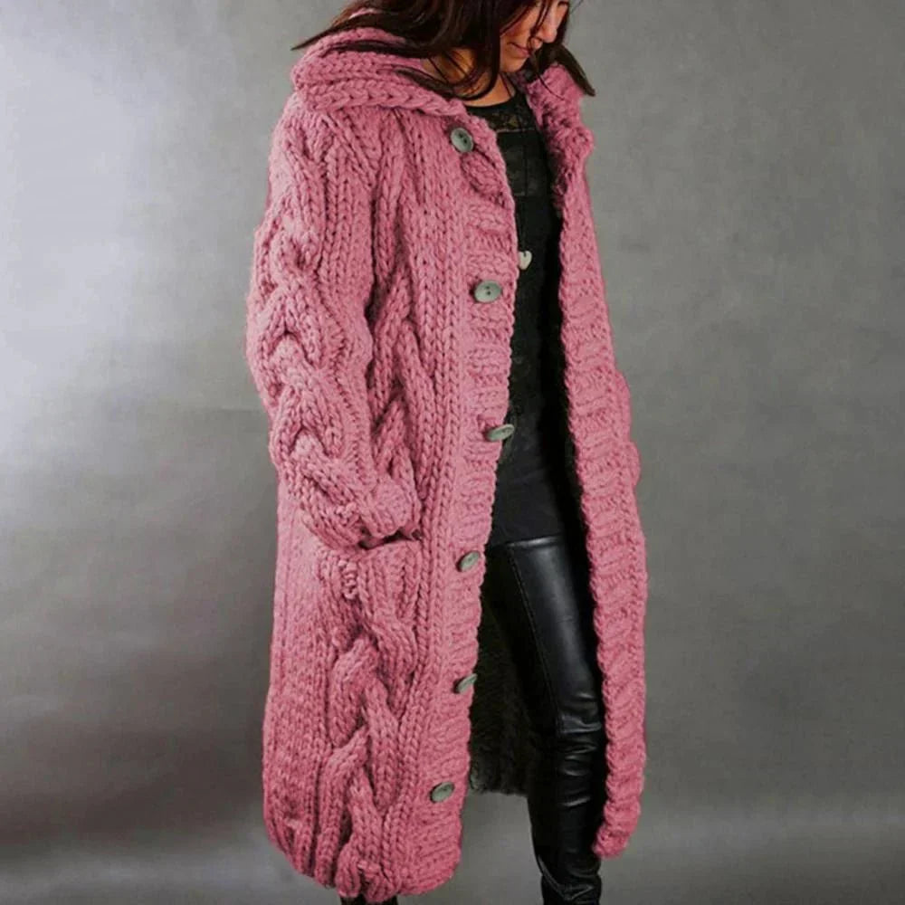 Women's oversized cable knit hooded cardigan with buttons and front pockets