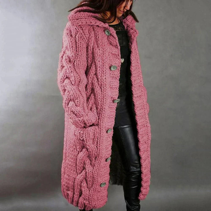 Women's oversized cable knit hooded cardigan with buttons and front pockets