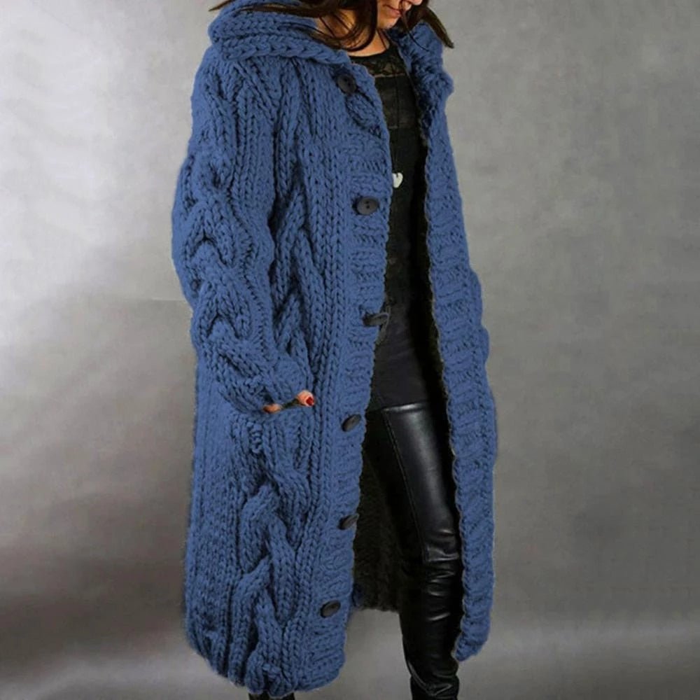 Women's oversized cable knit hooded cardigan with buttons and front pockets