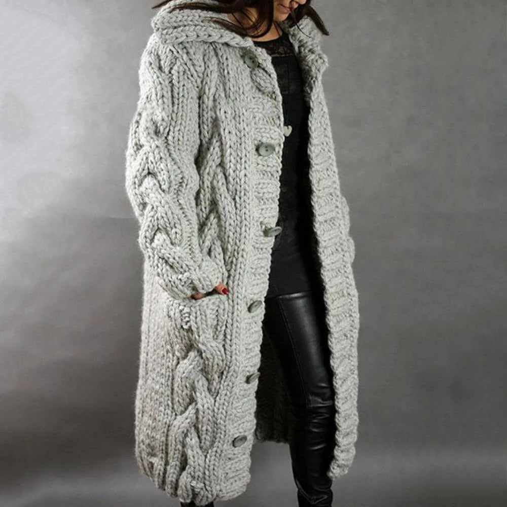 Women's oversized cable knit hooded cardigan with buttons and front pockets