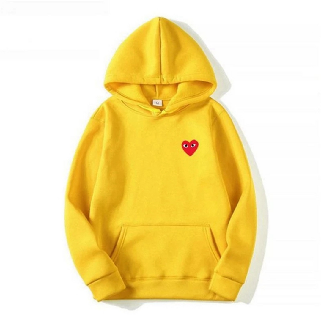 Women's pullover hoodie with hood, long sleeves, kangaroo pocket and small heart graphic