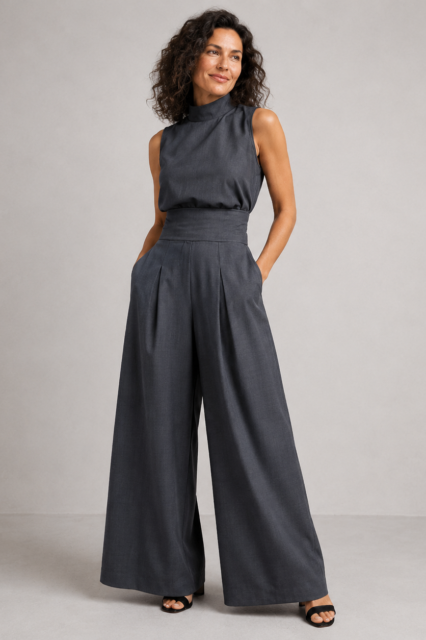 Women's wide-leg jumpsuit with sleeveless turtleneck and cinched waist