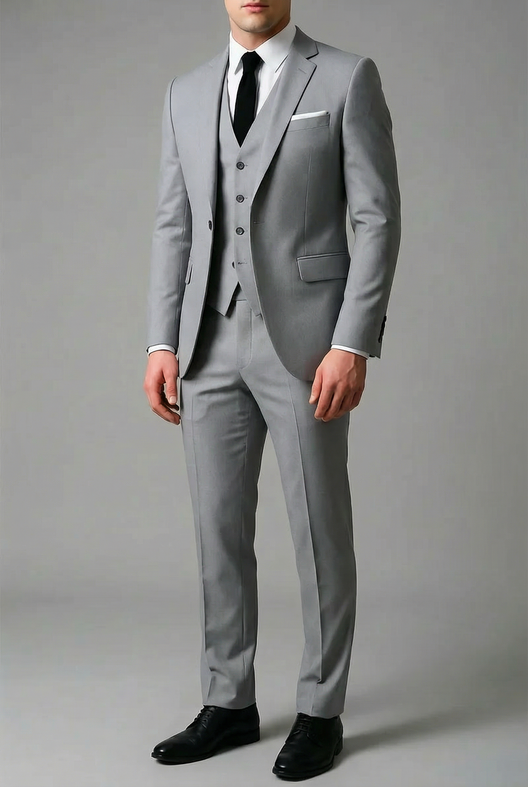 Men's three-piece slim fit suit with tailored jacket and buttoned waistcoat