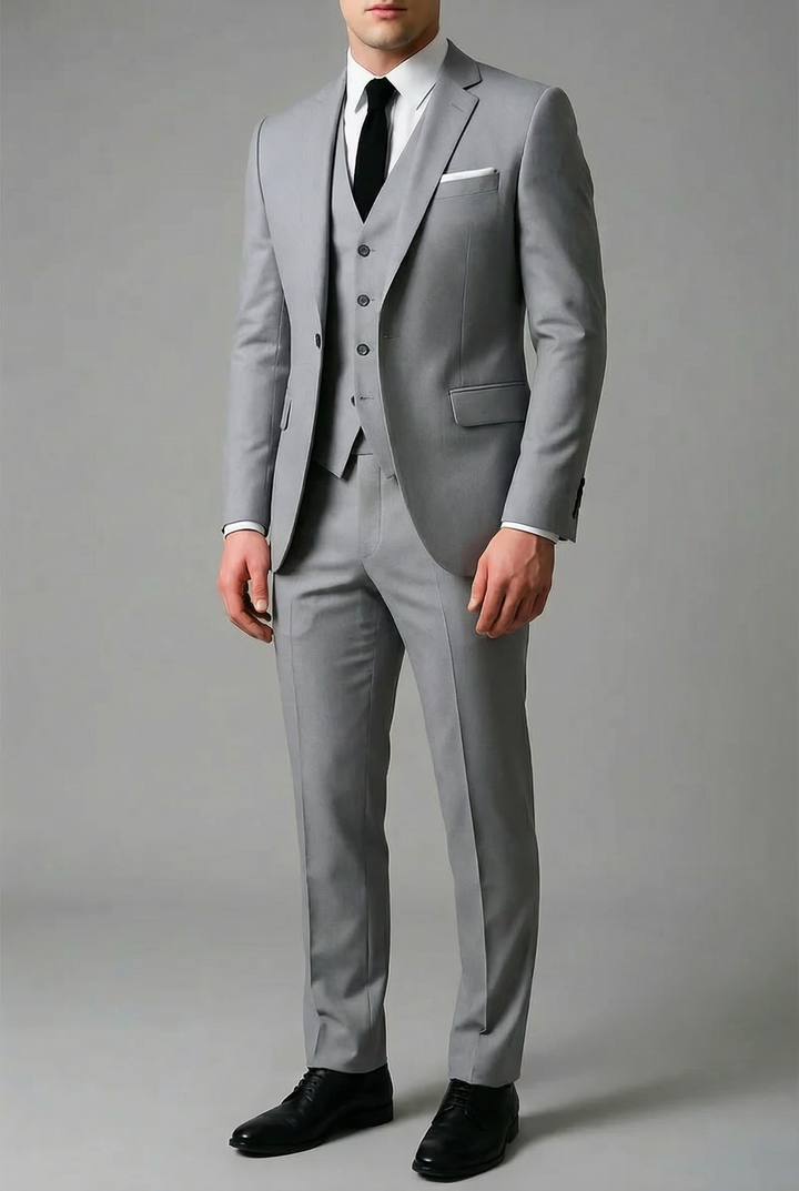 Men's three-piece slim fit suit with tailored jacket and buttoned waistcoat