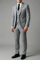 Men's three-piece slim fit suit with tailored jacket and buttoned waistcoat