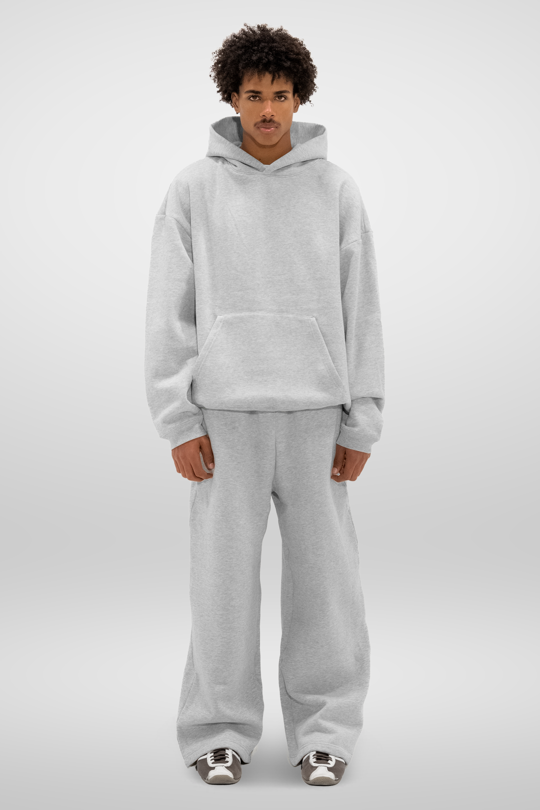 Gray fleece hoodie with hood and kangaroo pocket