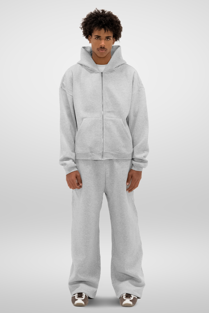 Men's grey zip-up hoodie with hood, long sleeves and front kangaroo pocket