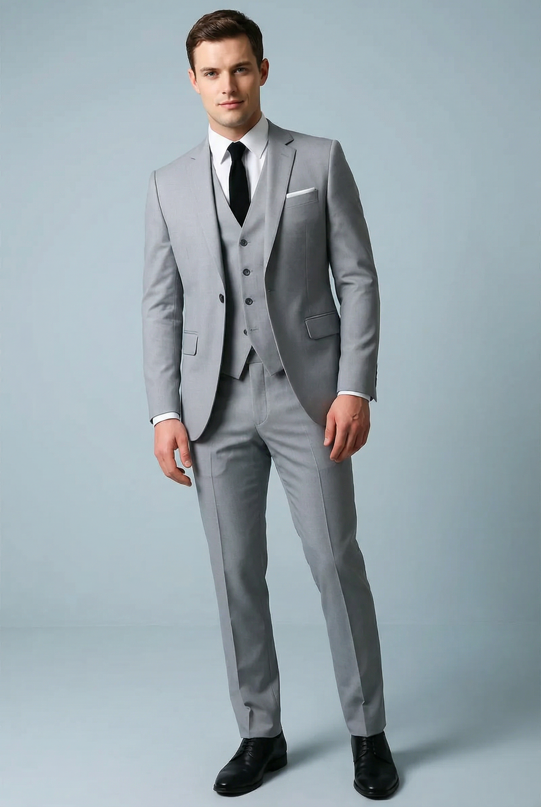 Men's three-piece slim fit suit with tailored jacket and buttoned waistcoat