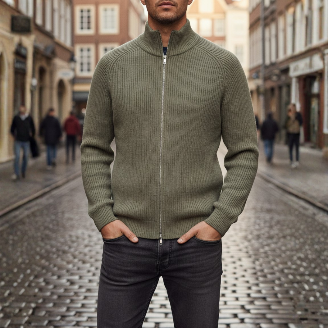 Men's ribbed knit zip cardigan with mock neck and long sleeves