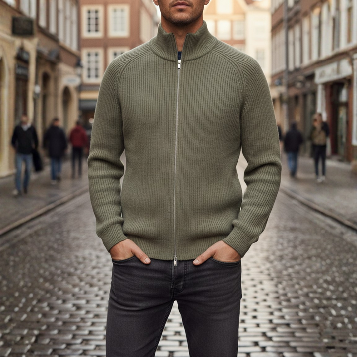 Men's ribbed knit zip cardigan with mock neck and long sleeves