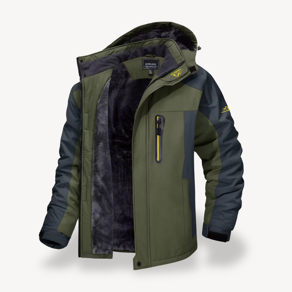Men's hooded winter jacket with fleece lining and contrasting panels