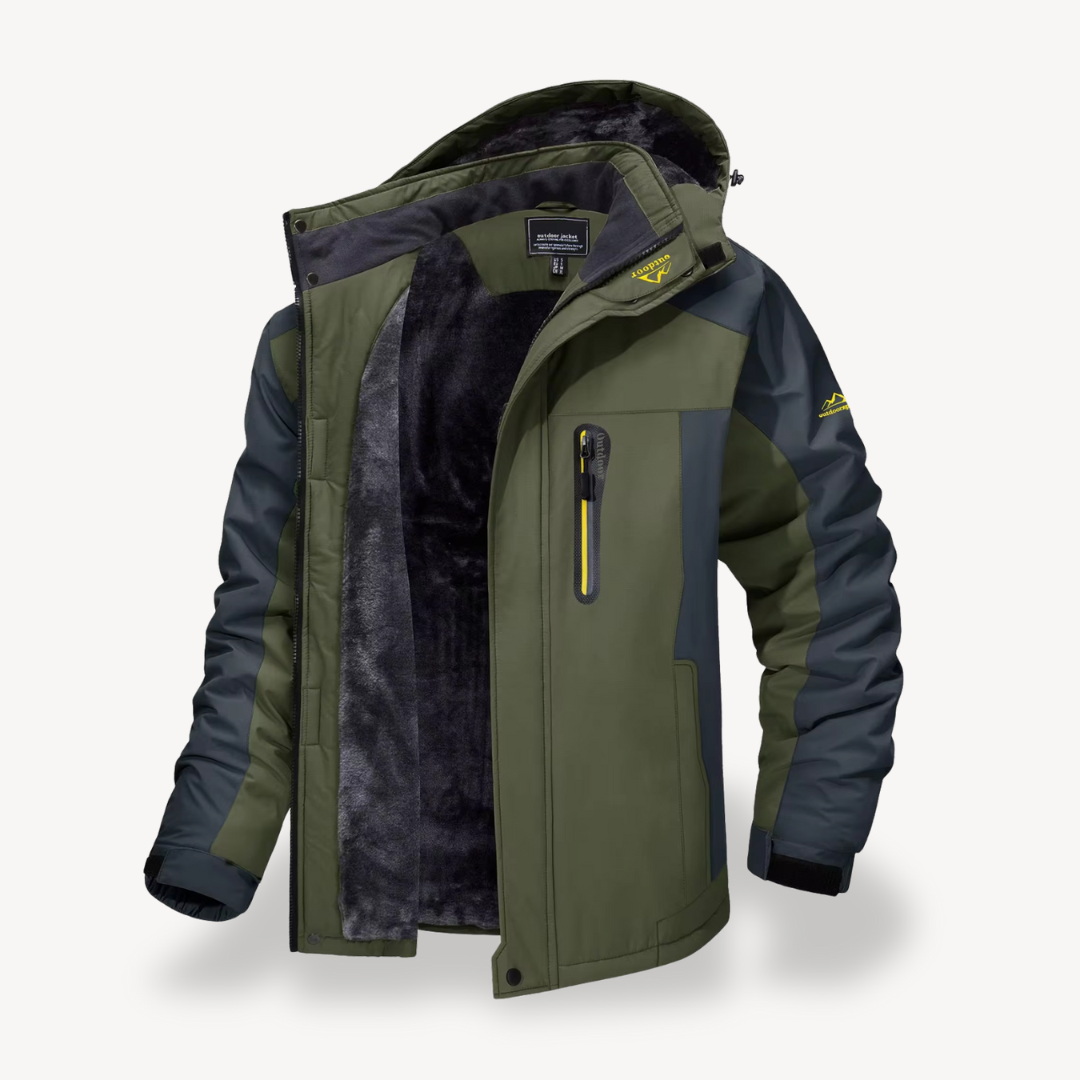 Men's hooded winter jacket with fleece lining and contrasting panels