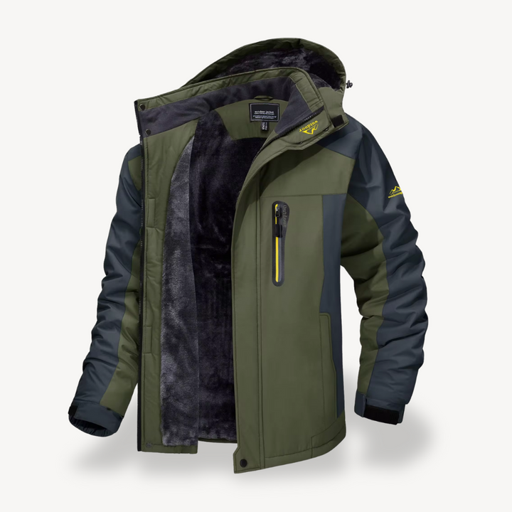 Men's hooded winter jacket with fleece lining and contrasting panels