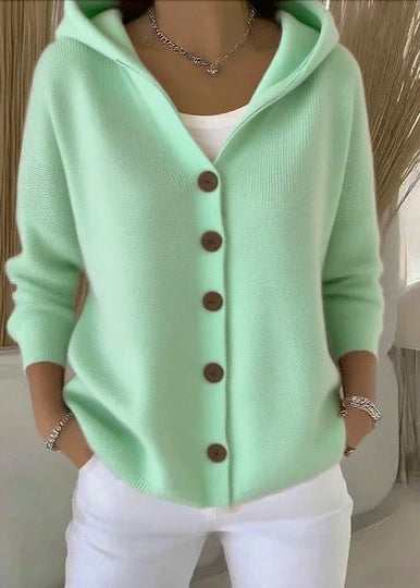 Women's hooded button-front cardigan with long sleeves and ribbed knit texture