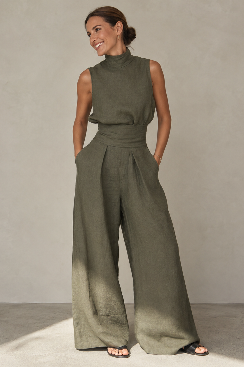 Women's wide-leg jumpsuit with sleeveless turtleneck and cinched waist