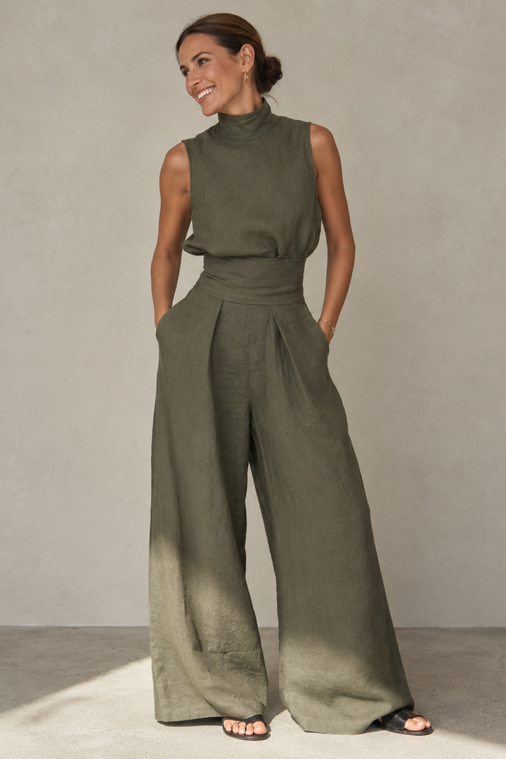 Women's wide-leg jumpsuit with sleeveless turtleneck and cinched waist