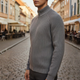 Men's ribbed knit zip cardigan with mock neck and long sleeves