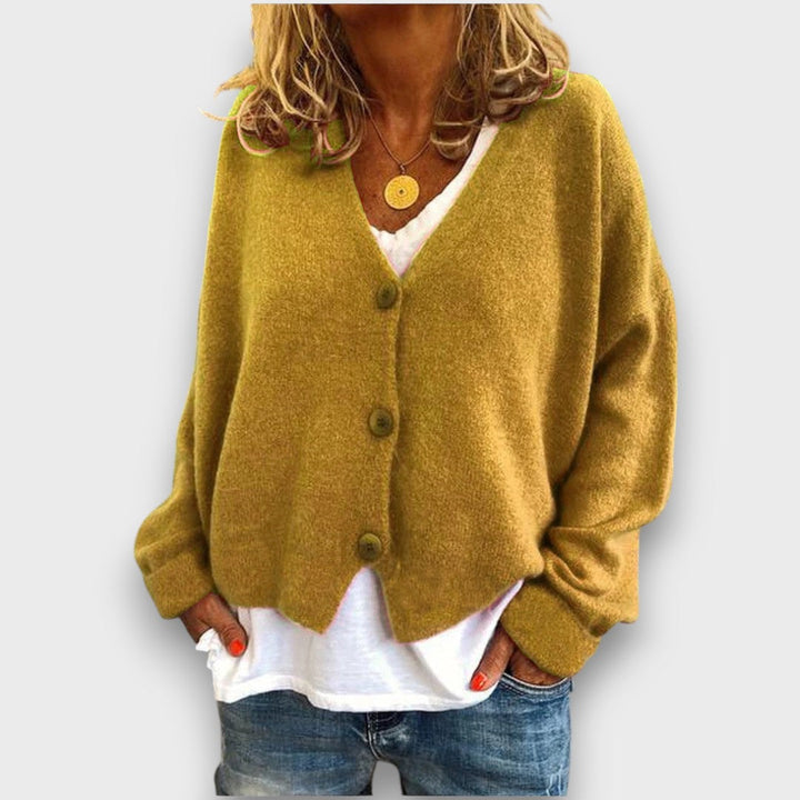 Women's V-neck knit cardigan with long sleeves and button front