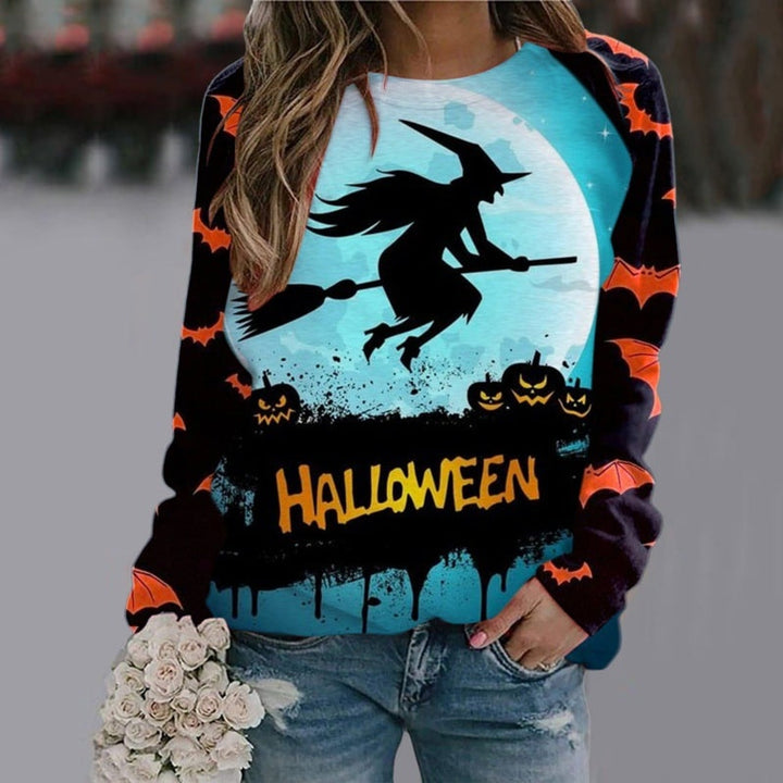 Women's Halloween graphic sweatshirt with witch and skeleton designs, crew neck and long sleeves