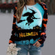 Women's Halloween graphic sweatshirt with witch and skeleton designs, crew neck and long sleeves